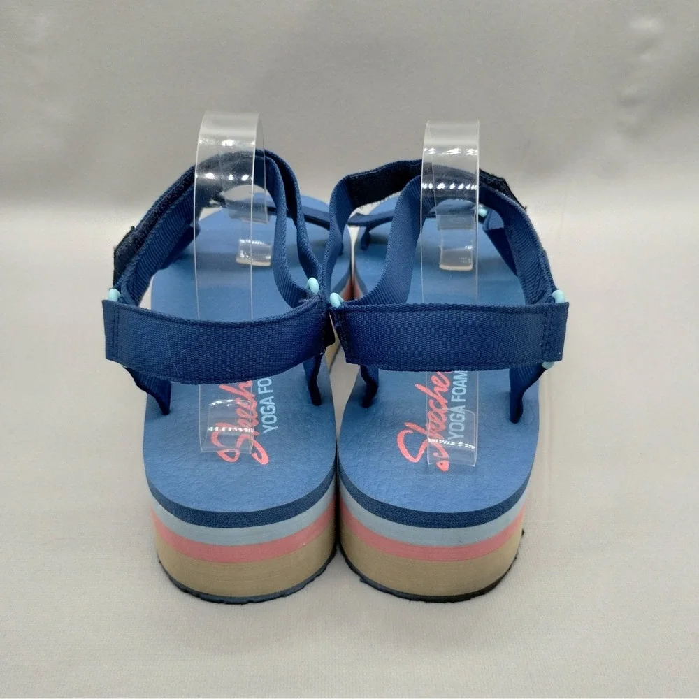 Skechers Yoga Foam Blue Striped Platform Strappy Sandals‎ Womens 10 Multi Color